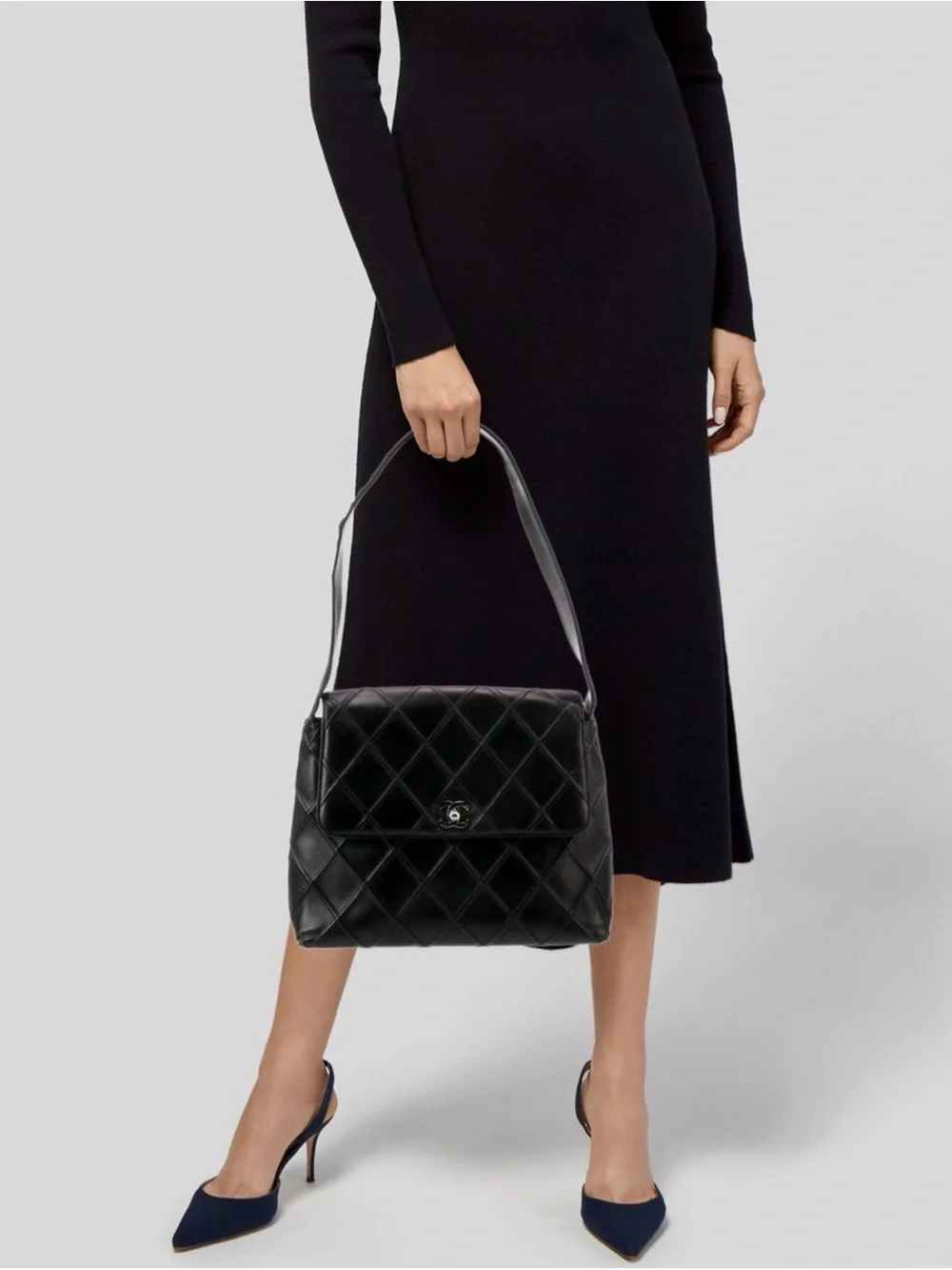 CHANEL Black Quilted Leather Shoulder Bag with Silver CC Hardware